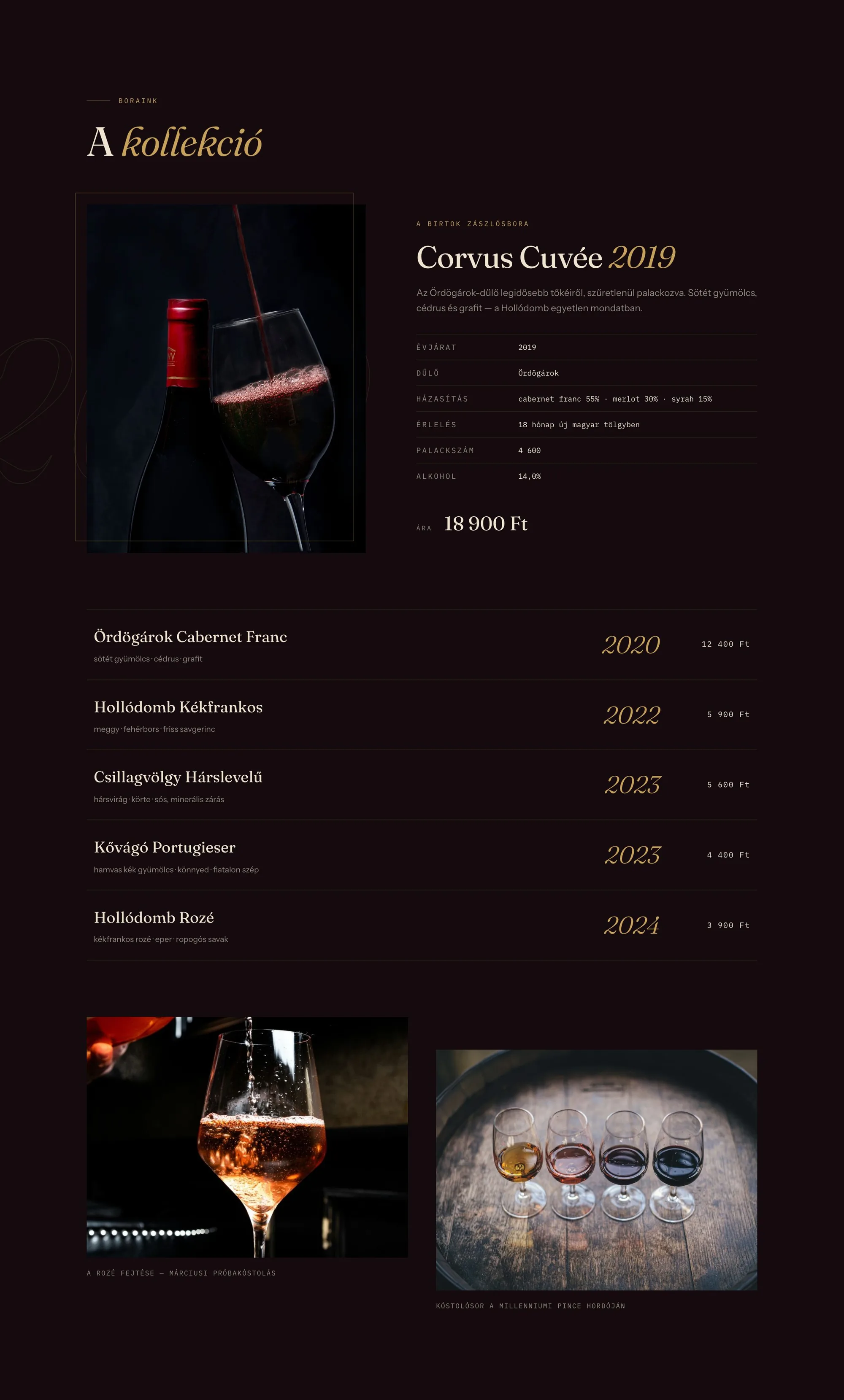 Borkollekció szekció: a Corvus Cuvée 2019 zászlósbor részletes adatlappal, alatta a teljes borsor évjárattal és árral