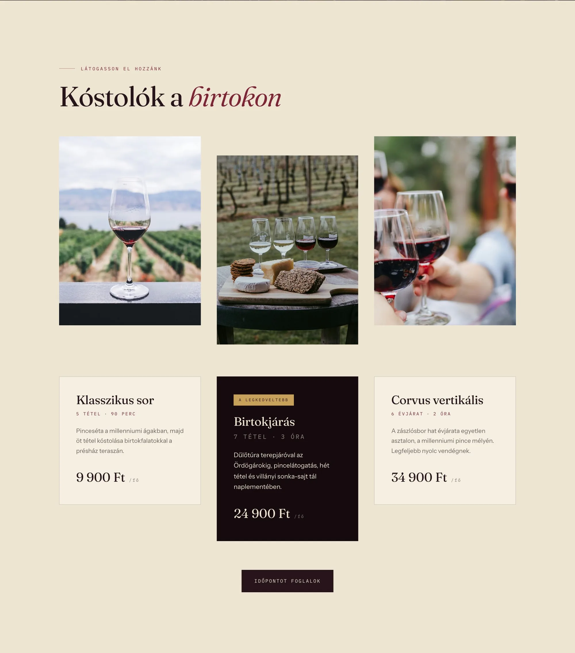 Kóstolócsomagok szekció: három árazott program — Klasszikus sor, Birtokjárás, Corvus vertikális — és időpontfoglalás gomb